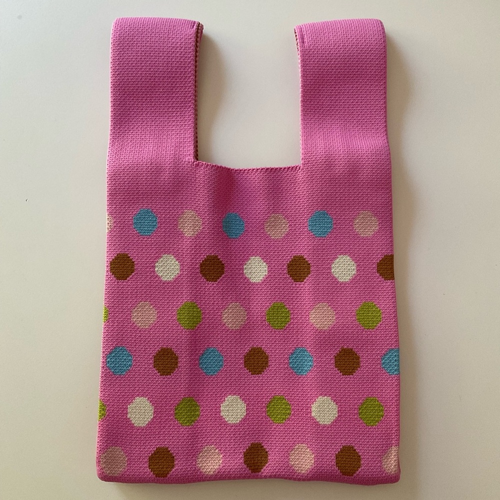NEW Knit Woven Stretchy Fabric Bag Small Purse Handles Wrist Loop Polka Dot Pink